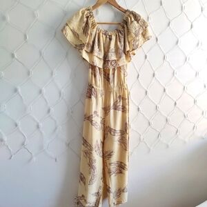 Floral Jumpsuit • Botanical Leaf Print • Butter Yellow • Size Small
